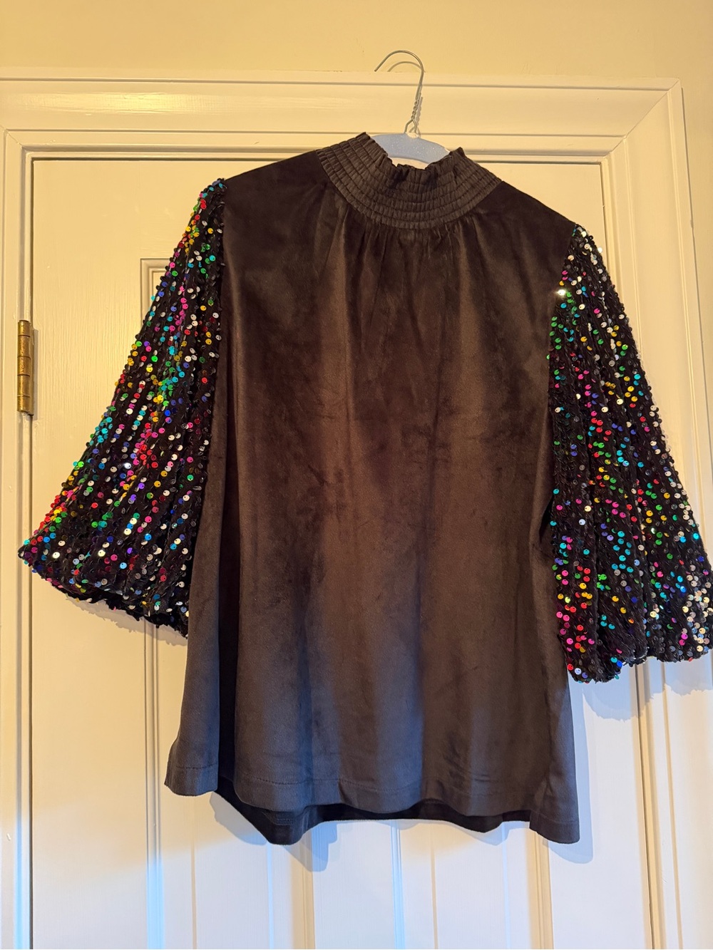 Black velvet Top with Multicolor Sequin Puff Sleeves